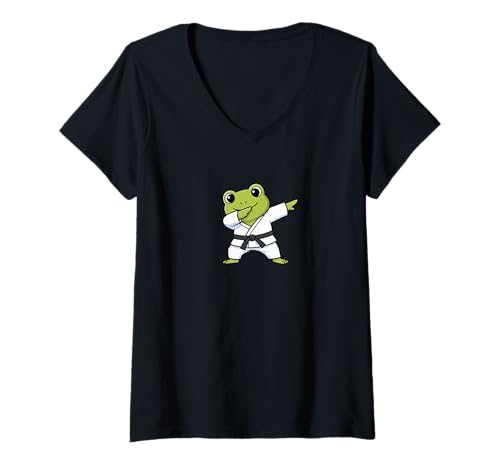 Damen Niedliches Karate-Frosch-Chibi-Dabbing-Kampfsport-Design T-Shirt mit V-Ausschnitt von Funny Cute Chibi Frog Karate Kids Design