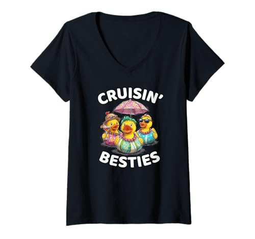 Damen Cruisin' Besties Cruise Ducks Cocktails Regenschirm Sonnenbrille T-Shirt mit V-Ausschnitt Damen Cruisin' Besties Cruise Ducks Cocktails Regenschirm Sonnenbrille T-Shirt mit V-Ausschnitt von Funny Cute Cruising Tropical Hidin Findin Fun CLR