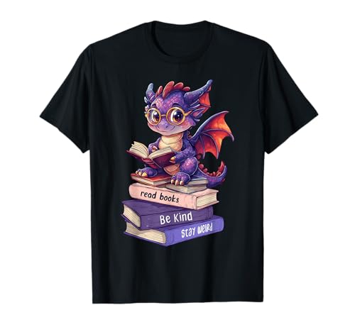 Lustiger süßer Drache lesen Bücher Be Kind Stay Weird Book Lover T-Shirt von Funny Cute Dragon reading a book design