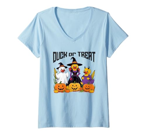 Damen Duck or Treat Halloween-Kreuzfahrt Duck Quack Find Hide Fun T-Shirt mit V-Ausschnitt von Funny Cute Duck Ghost Witch Devil Costume CLR