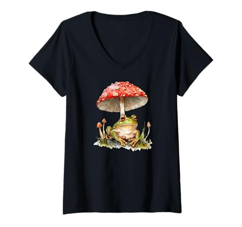 Damen Frosch sitzt unter einem Pilz – lustiger süßer Frosch – Froschliebhaber T-Shirt mit V-Ausschnitt von Funny Cute Frog - Amphibian