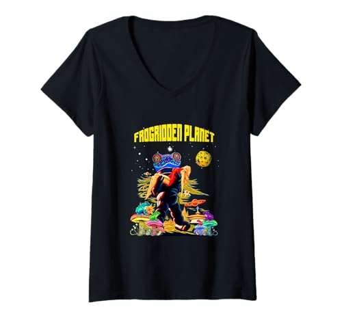 Damen Poison Dart Frogs, Cartoon, Retro-B-Film, 50er Jahre, Science-Fiction-Space T-Shirt mit V-Ausschnitt Damen Poison Dart Frogs, Cartoon, Retro-B-Film, 50er Jahre, Science-Fiction-Space T-Shirt mit V-Ausschnitt von Funny Cute Frog Character 1950’s Culture Nostalgia