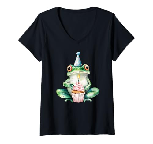 Damen Geburtstagsfrosch – Amphibien – lustiger süßer Frosch – Froschliebhaber T-Shirt mit V-Ausschnitt von Funny Cute Frog - Frog Lover
