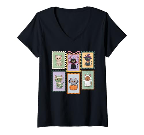 Damen Retro Halloween Katze Kostüm Stamo Icons Ghost Zombie Fledermaus T-Shirt mit V-Ausschnitt von Funny Cute Halloween Cats