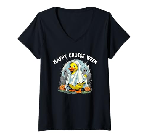 Damen Happy Cruise Ween Quack or Treat Cruise Ducks Fun T-Shirt mit V-Ausschnitt Damen Happy Cruise Ween Quack or Treat Cruise Ducks Fun T-Shirt mit V-Ausschnitt von Funny Cute Halloween Season Hiding and Finding CLR