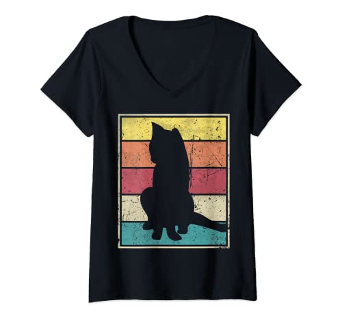 Damen Katzenschatten. Retro Vintage Mit Klassischen Streifen. T-Shirt mit V-Ausschnitt Damen Katzenschatten. Retro Vintage Mit Klassischen Streifen. T-Shirt mit V-Ausschnitt von Funny Cute Happy And Cool Retro Vintage Designs