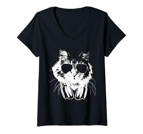 Damen Flauschige Katze mit Sonnenbrille und Kopfhörern T-Shirt mit V-Ausschnitt Damen Flauschige Katze mit Sonnenbrille und Kopfhörern T-Shirt mit V-Ausschnitt von Funny Cute Happy and Cool Animal Design Love Store