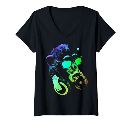 Damen Monkey mit DJ Kopfhörer und Sonnenbrille T-Shirt mit V-Ausschnitt Damen Monkey mit DJ Kopfhörer und Sonnenbrille T-Shirt mit V-Ausschnitt von Funny Cute Happy and Cool Animal Design Love Store