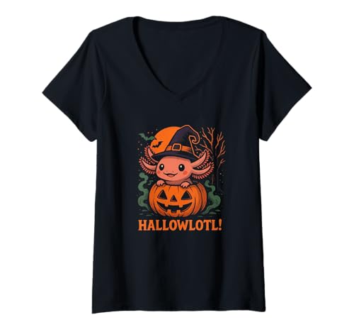 Damen Hallowlotl Cute Axolotl Halloween Pumpkin Witch T-Shirt mit V-Ausschnitt Damen Hallowlotl Cute Axolotl Halloween Pumpkin Witch T-Shirt mit V-Ausschnitt von Funny Cute Kawaii Axolotl Halloween Costume Fans