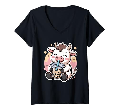 Damen Cow Boba Tea Bubble Tea Anime Kawaii T-Shirt mit V-Ausschnitt von Funny Cute Kawaii Boba Bubble Tea Cow Anime