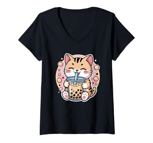 Damen Cat Boba Tea Bubble Tea Anime Kawaii Neko T-Shirt mit V-Ausschnitt von Funny Cute Kawaii Bubble Tea Cat Anime