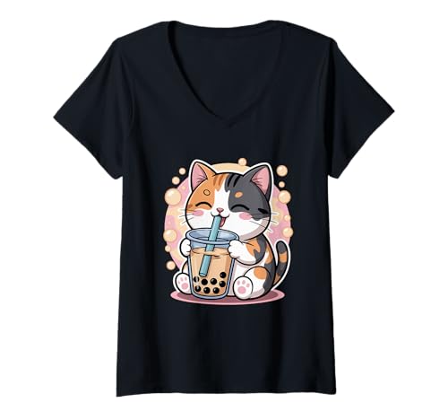 Damen Kawaii Calico Cat Boba Tea Bubble Tea Anime Kawaii T-Shirt mit V-Ausschnitt Damen Kawaii Calico Cat Boba Tea Bubble Tea Anime Kawaii T-Shirt mit V-Ausschnitt von Funny Cute Kawaii Calico Cat Boba Tea
