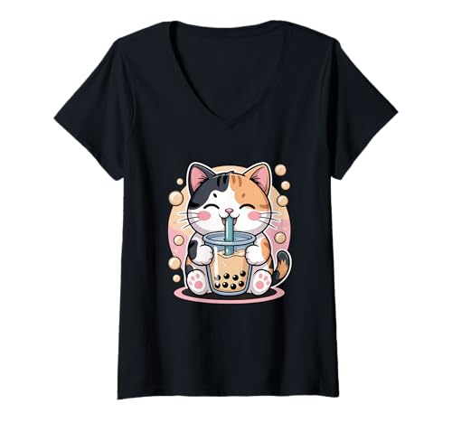 Damen Kawaii Calico Cat Boba Tea Cute Bubble Tea T-Shirt mit V-Ausschnitt Damen Kawaii Calico Cat Boba Tea Cute Bubble Tea T-Shirt mit V-Ausschnitt von Funny Cute Kawaii Calico Cat Bubble Tea Animal