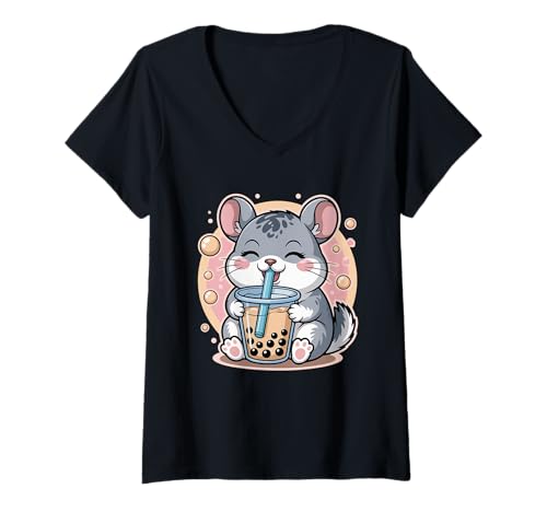 Damen Chinchilla Boba Tea Bubble Tea Anime Kawaii T-Shirt mit V-Ausschnitt Damen Chinchilla Boba Tea Bubble Tea Anime Kawaii T-Shirt mit V-Ausschnitt von Funny Cute Kawaii Chinchilla Bubble Tea
