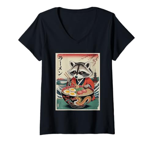 Damen Waschbär isst Ramen Japanische Nudeln Lustiger Waschbär Anime T-Shirt mit V-Ausschnitt Damen Waschbär isst Ramen Japanische Nudeln Lustiger Waschbär Anime T-Shirt mit V-Ausschnitt von Funny Cute Raccoon Ramen Gifts Co.