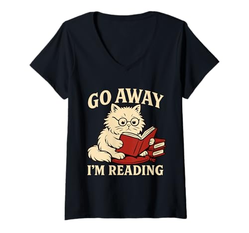 Damen GEH Weg, ich lese, süßer nerdiger Katzenbuchliebhaber T-Shirt mit V-Ausschnitt Damen GEH Weg, ich lese, süßer nerdiger Katzenbuchliebhaber T-Shirt mit V-Ausschnitt von Funny Cute Reading Cat Gifts for Book Nerds