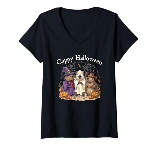 Damen Cappy Halloween Capybara Hexe Geist Cowboy Wortspiel Spaß T-Shirt mit V-Ausschnitt Damen Cappy Halloween Capybara Hexe Geist Cowboy Wortspiel Spaß T-Shirt mit V-Ausschnitt von Funny Cute Rodent Halloween Pumpkins n Spiders CLR