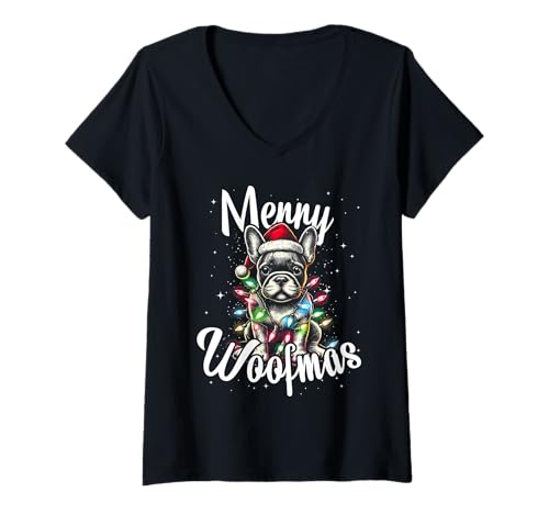 Damen Französische Bulldogge Merry Woofmas Weihnachtslichter und Weihnachtsmannmütze T-Shirt mit V-Ausschnitt von Funny Cute Vinatge Christmas Animals Family Pajama