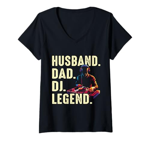 Damen Husband Dad DJ Legend Lustiger DJ-Discjockey-Musikplayer T-Shirt mit V-Ausschnitt Damen Husband Dad DJ Legend Lustiger DJ-Discjockey-Musikplayer T-Shirt mit V-Ausschnitt von Funny DJ Music Disc Jockey Apparel Co.