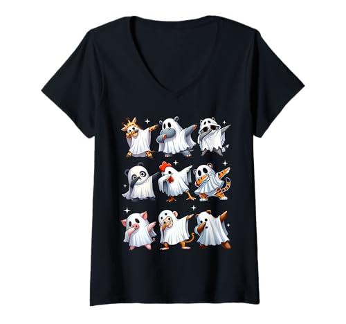 Damen Men Women and Kids Dabbing Animals Wildlife Halloween Party T-Shirt mit V-Ausschnitt Damen Men Women and Kids Dabbing Animals Wildlife Halloween Party T-Shirt mit V-Ausschnitt von Funny Dab Ghost Animals Lover Zoo Spooky Costume