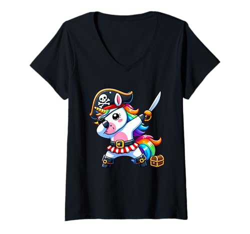 Damen Dabbing Süßes Piraten-Einhorn, magisches Regenbogen-Mädchen, farbenfrohe Kinder T-Shirt mit V-Ausschnitt Damen Dabbing Süßes Piraten-Einhorn, magisches Regenbogen-Mädchen, farbenfrohe Kinder T-Shirt mit V-Ausschnitt von Funny Dab Unicorn Treasure Hunt Playful Pirate