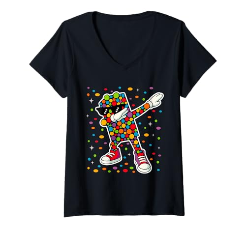 Damen Lustige, Bunte Punkte-Figur Dabbing T-Shirt mit V-Ausschnitt Damen Lustige, Bunte Punkte-Figur Dabbing T-Shirt mit V-Ausschnitt von Funny Dabbing Dots tee for Kids Boys Girls
