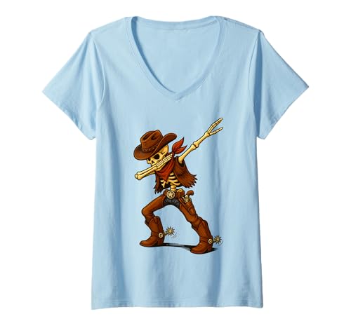 Damen Western Dabbing Cowboy Skelett Dab Dance Vintage Halloween T-Shirt mit V-Ausschnitt Damen Western Dabbing Cowboy Skelett Dab Dance Vintage Halloween T-Shirt mit V-Ausschnitt von Funny Dabbing Skeleton Cowboy Day Western Men Boys