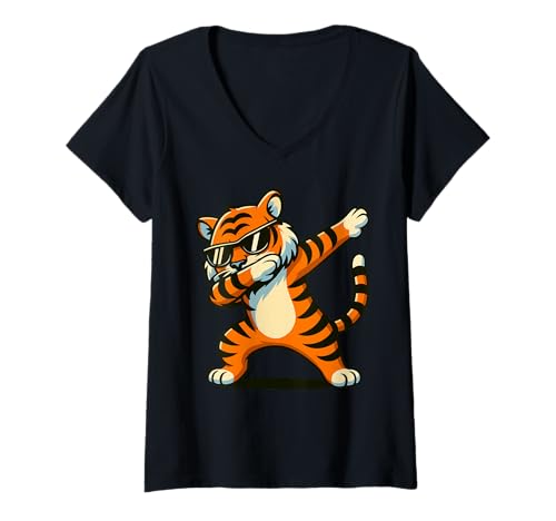 Damen Coole Dabbing Tiger Pose mit Sonnenbrille Tiger Tier Cartoon T-Shirt mit V-Ausschnitt Damen Coole Dabbing Tiger Pose mit Sonnenbrille Tiger Tier Cartoon T-Shirt mit V-Ausschnitt von Funny Dabbing Tiger Animal Lovers Graphics Design