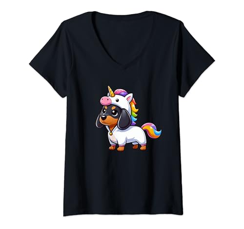 Damen Dackel Einhorn Hund Lustige Mythologische Kreatur T-Shirt mit V-Ausschnitt Damen Dackel Einhorn Hund Lustige Mythologische Kreatur T-Shirt mit V-Ausschnitt von Funny Dachshund Gifts