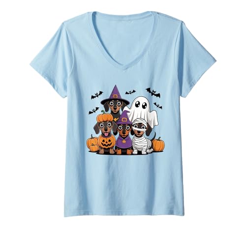Damen Niedlicher Geisterhund mit Kürbis Hexe lustiger Dackel Halloween T-Shirt mit V-Ausschnitt Damen Niedlicher Geisterhund mit Kürbis Hexe lustiger Dackel Halloween T-Shirt mit V-Ausschnitt von Funny Dachshund Halloween Costume Gifts Idea