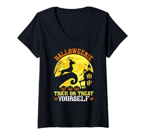 Damen Halloweenie Trick or Treat Yourself Halloween Dackel T-Shirt mit V-Ausschnitt von Funny Dachshund Pet Humor Gifts