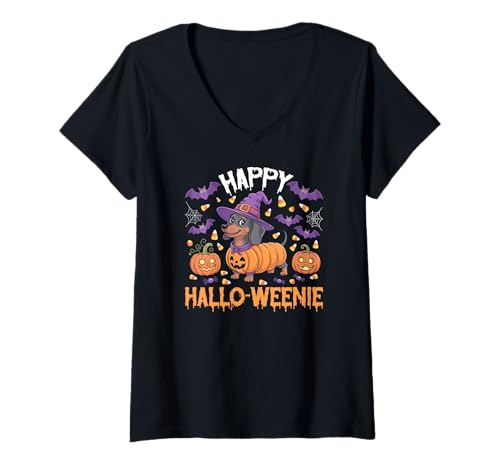 Damen Happy Hallo-Weenie Halloween Dackel T-Shirt mit V-Ausschnitt von Funny Dachshund Pet Humor Gifts