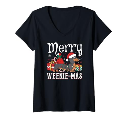 Damen Merry Weenie-Mas Weenie Xmas Christmas Dackel T-Shirt mit V-Ausschnitt von Funny Dachshund Pet Humor Gifts