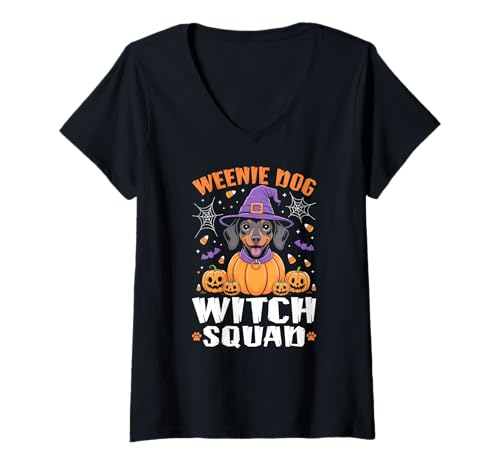 Damen Weenie Dog Witch Squad Halloween Dackel T-Shirt mit V-Ausschnitt von Funny Dachshund Pet Humor Gifts
