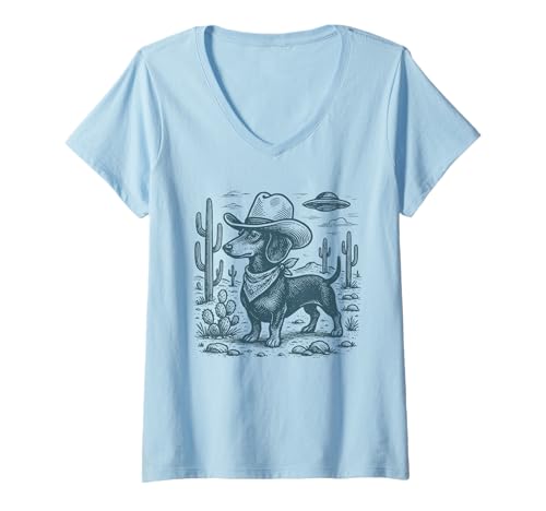 Damen Vintage Western Dackel Cowboy UFO Wiener Hund Doxie T-Shirt mit V-Ausschnitt von Funny Dachshund Tee for Women Men
