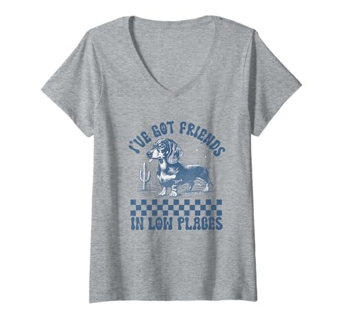 Damen Ich Habe Freunde in niedrigen Orten Dackel Wiener Wurst Hund T-Shirt mit V-Ausschnitt von Funny Dachshund Wiener Sausage Dog