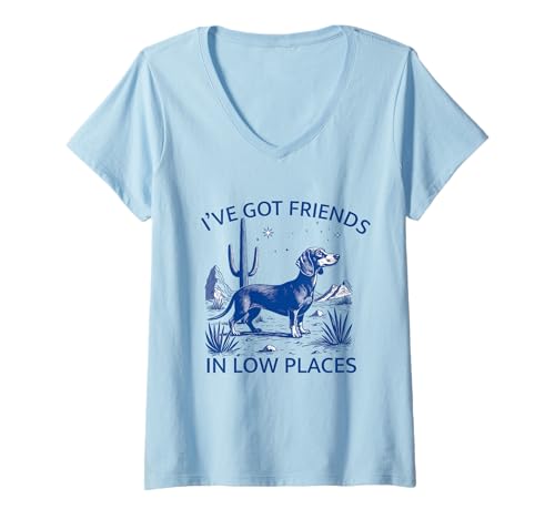 Damen Ich Habe Freunde in niedrigen Orten Dackel Wiener Wurst Hund T-Shirt mit V-Ausschnitt von Funny Dachshund Wiener Sausage Dog