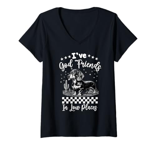Damen Ich Habe Freunde in niedrigen Orten Dackel Wiener Wurst Hund T-Shirt mit V-Ausschnitt von Funny Dachshund Wiener Sausage Dog