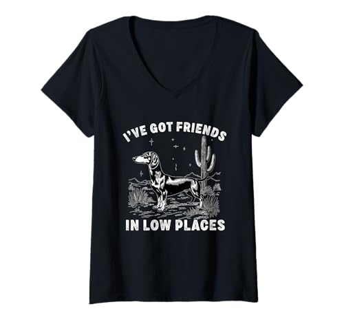 Damen Ich Habe Freunde in niedrigen Orten Dackel Wiener Wurst Hund T-Shirt mit V-Ausschnitt von Funny Dachshund Wiener Sausage Dog