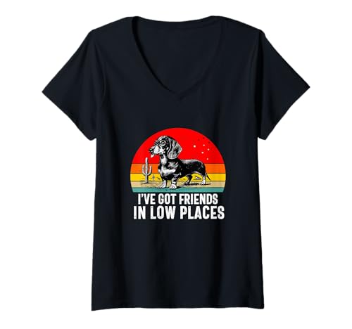 Damen Ich Habe Freunde in niedrigen Orten Dackel Wiener Wurst Hund T-Shirt mit V-Ausschnitt von Funny Dachshund Wiener Sausage Dog
