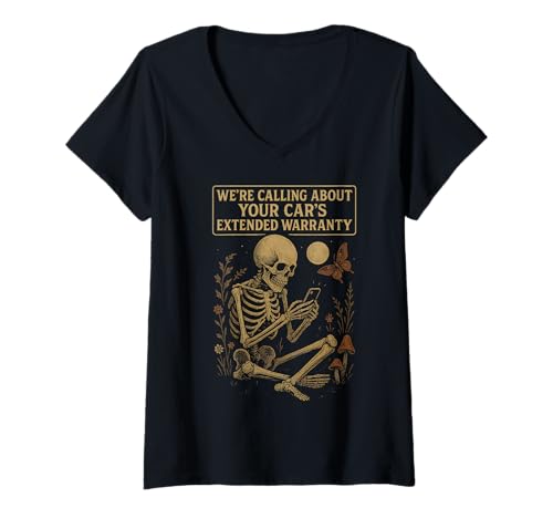 Damen Dark Academia Funny Skeleton Cars Erweiterte Garantie T-Shirt mit V-Ausschnitt von Funny Dark Academia Skeleton Aesthetic