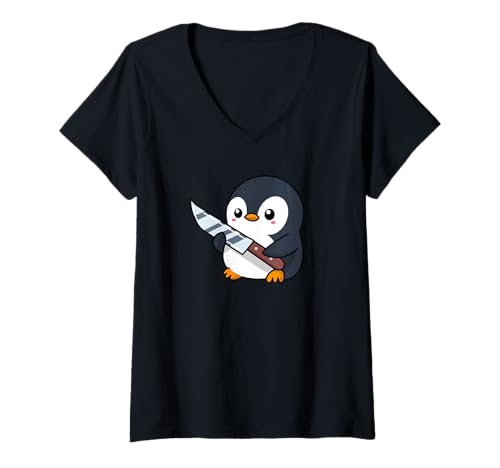 Damen Niedlicher Pinguin mit Messer, lustiges Cartoon-Tier-Design T-Shirt mit V-Ausschnitt Damen Niedlicher Pinguin mit Messer, lustiges Cartoon-Tier-Design T-Shirt mit V-Ausschnitt von Funny Dark Humor Cartoon Animal Lover Design