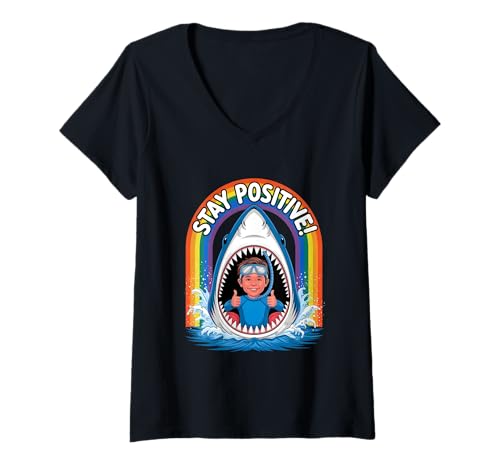 Damen Stay Positive Shark Lover Humor Design T-Shirt mit V-Ausschnitt von Funny Dark Humor Shark Lover Design