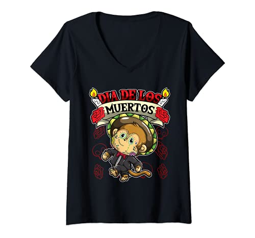 Damen Dia De Los Muertos - Tag der Toten - Affe T-Shirt mit V-Ausschnitt von Funny Day Of The Dead Animals Gift Idea