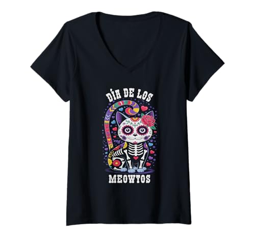 Damen Colorful Dia DE LOS MEOWTOS Cat Muertos Gata Feline Skelett T-Shirt mit V-Ausschnitt Damen Colorful Dia DE LOS MEOWTOS Cat Muertos Gata Feline Skelett T-Shirt mit V-Ausschnitt von Funny Day of Dead Art Ancestors Calavera Lover Mom