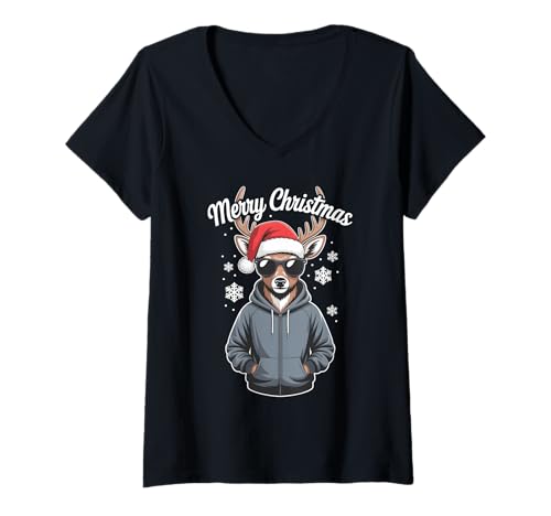 Damen Weihnachtsmütze mit Hirsch T-Shirt mit V-Ausschnitt Damen Weihnachtsmütze mit Hirsch T-Shirt mit V-Ausschnitt von Funny Deer Santa Hat Apparel