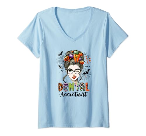 Damen Zahnarzthelferin Halloween unordentliche Brötchen Kürbisse Zahn gruselig T-Shirt mit V-Ausschnitt Damen Zahnarzthelferin Halloween unordentliche Brötchen Kürbisse Zahn gruselig T-Shirt mit V-Ausschnitt von Funny Dental Assistant Halloween Designs
