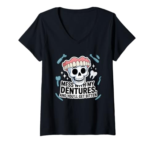 Damen Funny Dentures Skull Cartoon Dentist Joke Gag T-Shirt mit V-Ausschnitt von Funny Dentures Skull Cartoon Dental Humor Co