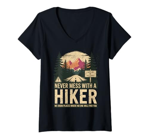 Damen Lustiges Wander-T-Shirt Never Mess with A Hiker T-Shirt mit V-Ausschnitt Damen Lustiges Wander-T-Shirt Never Mess with A Hiker T-Shirt mit V-Ausschnitt von Funny Design Hiking tee Never Mess with A Hiker