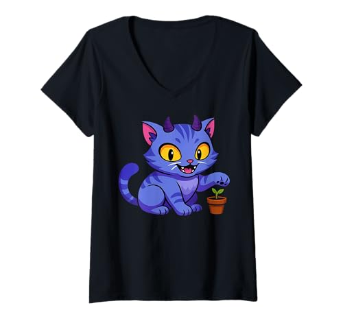 Damen Niedliche Dämonenkatze Cartoon Illustration T-Shirt mit V-Ausschnitt von Funny Devil Cat Designs